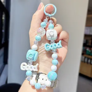 Blue macaron beaded phone charm cute camera keychain bag pendant accessory aesthetic style