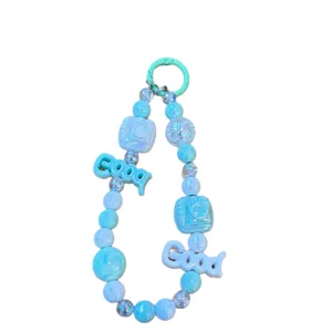 Blue beaded phone charm keychain with cute camera beads and good letter pendants for bags.