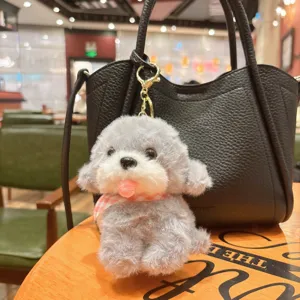 Grey plush puppy keychain bag charm with cute plaid scarf for daily bag decoration