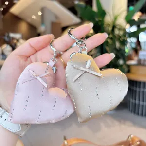 Cute Cotton Heart Keychain Rhinestone Bowknot Bag Charm Sweet Pendant Key Ring For Handbag Phone Girl Gift Accessories