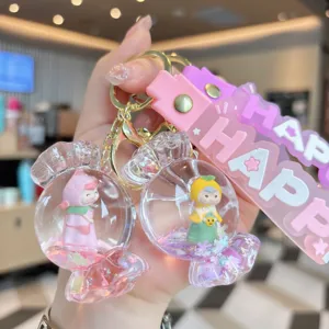 Cute acrylic quicksand candy house girl keychain oil filled doll bag pendant charm