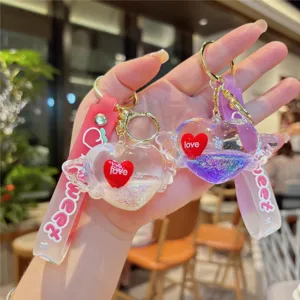 Cute heart liquid quicksand keychain couple bag pendant glitter charm gift for girls