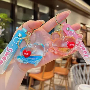 Creative liquid quicksand floating heart keychain couples bag pendant cute gift charm