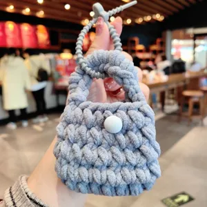Porte-monnaie mini en laine tricotée à la main gris porte-clés sac pour écouteurs