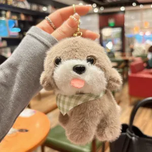 Cute puppy plush keychain with green plaid scarf, soft toy bag charm for women and girls.