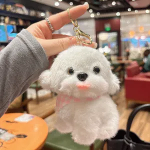 Cute white puppy plush keychain with pink checkered scarf, fluffy animal bag charm toy gift.