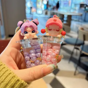 Simpatico Portachiavi a Sabbie Mobili in Resina Acrilica a Forma di Tazza di Tè al Latte Con Ragazza dei Cartoni Animati Ciondolo per Auto Borsa