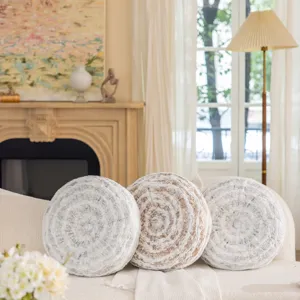 Cozy round decorative throw pillow with textured tree ring pattern, perfect for sofa and bed.