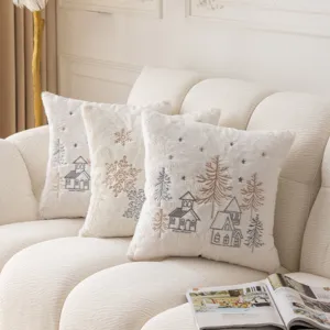 Christmas embroidery throw pillow cover, plush holiday sofa cushion for living room decor.