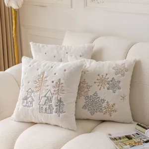 Detailed view of plush Christmas embroidered throw pillow with cozy winter snowflake design.