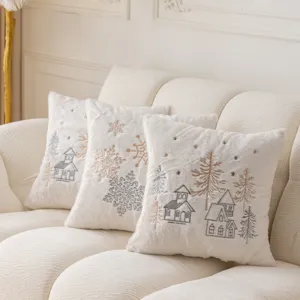 Christmas embroidered plush pillow cover, cozy winter sofa decorative cushion for living room.