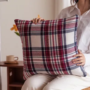 Classic plaid throw pillow cover for sofa, soft woven decorative cushion for home decor.