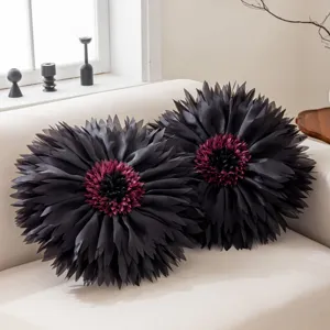 Elegant 3D lotus flower cushion cover, unique black petal pillow for modern home sofa decor.