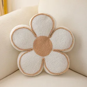 Cute 3D daisy flower throw pillow, soft plush cushion for sofa bedroom and living room decor closeup.
