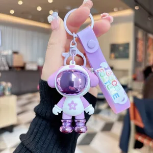 Cute astronaut dog keychain purple silicone strap metal keyring bag charm accessory gift