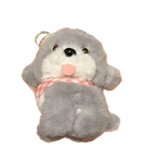 Cute grey puppy plush keychain with red checkered scarf soft doll bag pendant gift