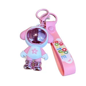 Pink astronaut dog keychain with strap cute cartoon bag charm car keyring accessory