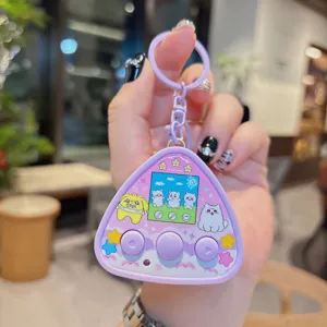 Purple triangular electronic pet keychain featuring cute cartoon characters for bags.