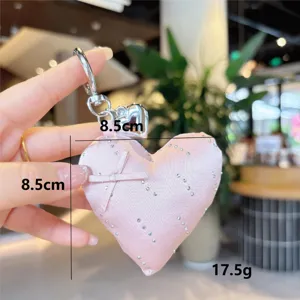 Pink satin heart keychain cute bow rhinestone bag charm pendant sweet style keyring accessory