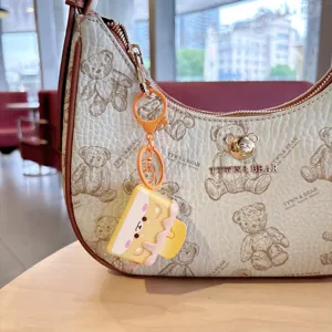 Joli sac à épaule blanc crème avec motif d'ours et joli pendentif porte-clés toast pour femmes