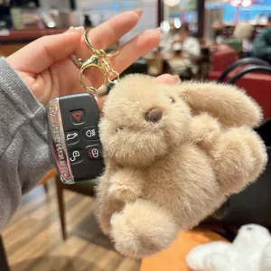 Cute fluffy lop-eared bunny plush toy keychain, soft stuffed doll bag pendant gift.
