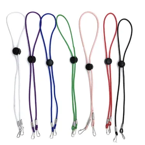 Detailed close-up of colorful mask lanyards with adjustable buckles and secure metal hooks.