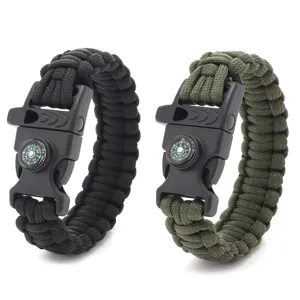 Outdoor survival paracord bracelet with compass and whistle, 7-core hand-woven tactical gear.