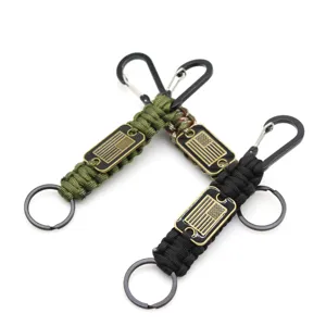 Paracord keychain with US flag metal tag, handmade survival rope with carabiner and ring.