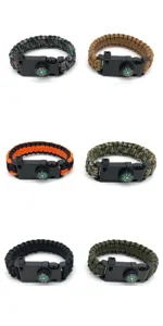 Close up details of multi-functional outdoor survival paracord bracelet with compass buckle.