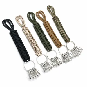 Detailed view of 5-pack paracord keychains with small carabiners in various colors.