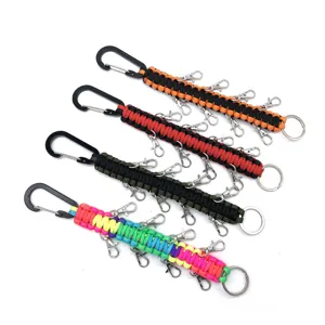 Multi-functional paracord keychain with carabiner and multiple hanging hooks for outdoor use