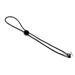 Black elastic mask lanyard strap detail showing adjustable toggle and metal hook ends.