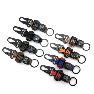 Paracord keychain with compass and carabiner, multi-color survival outdoor tool details.
