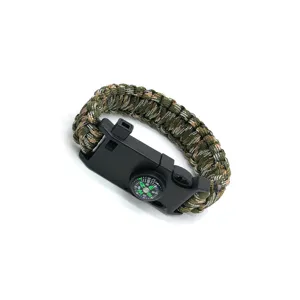 Outdoor survival paracord bracelet with compass and plastic buckle, camo tactical gear.