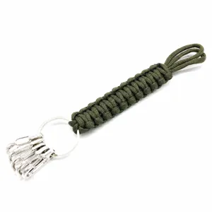 Paracord keychain in army green with carabiner clips for outdoor survival and daily use.