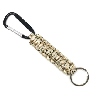 Detailed view of the black carabiner and durable paracord keychain hook for outdoor use.