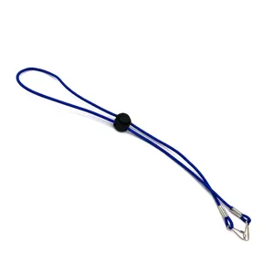 Blue elastic mask lanyard detail showing adjustable buckle and metal hook fastener.