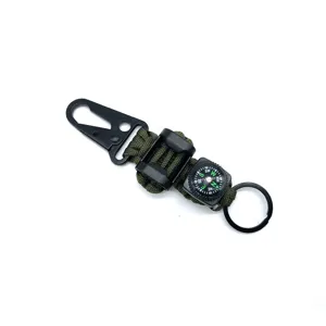 Paracord keychain with carabiner compass detail, durable outdoor survival multi-tool.