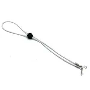 Detailed view of the elastic mask lanyard featuring a black adjustable toggle and metal hooks.