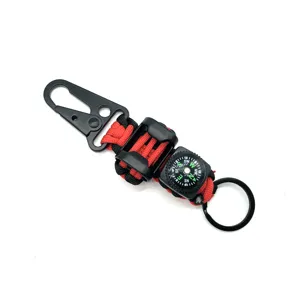 Survival 7-core paracord keychain with carabiner, mini compass, and durable metal ring.