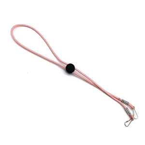 Pink mask lanyard extension strap with adjustable buckle and metal hooks for anti-lost protection.