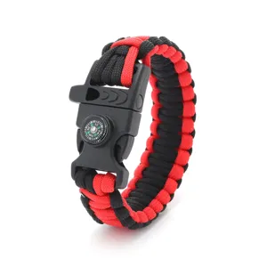 Paracord survival bracelet with compass and whistle, red black hand woven outdoor gear gear.