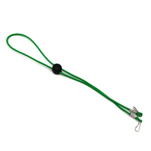 Detail view of green elastic mask strap with adjustable buckle and metal hooks for secure hold.