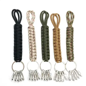 Outdoor 7-core paracord survival keychain with five metal carabiners, multi-color.