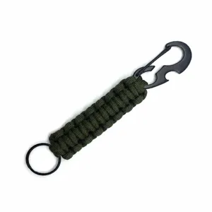 Porte-clés paracorde vert militaire avec décapsuleur et mousqueton pour le camping en plein air.