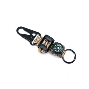 Paracord keychain with carabiner, compass, and multi-functional outdoor survival rope.