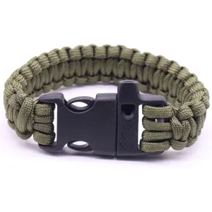 Outdoor survival paracord bracelet with whistle, military green seven-core rope design.