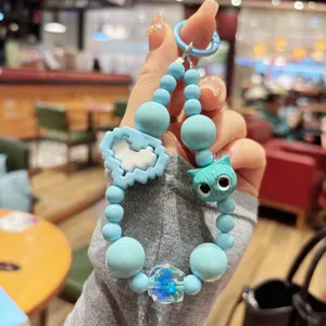 Blue beaded wristlet keychain candy color cute cat heart charm phone strap aesthetic phone charm