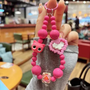 Pink Beaded Phone Charm Cute Cat Keychain Trendy DIY Bracelet Strap for Women Gift Style