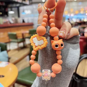 Orange beaded bracelet cute cat pendant candy style keychain DIY handmade accessory charm